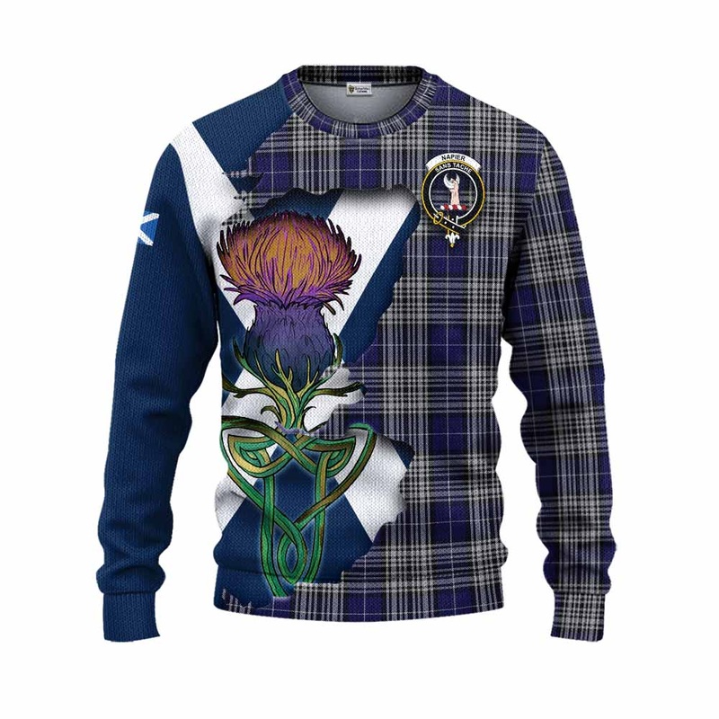 Napier Tartan Family Crest Knitted Sweater Scottish Thistle Celtic Inspired
