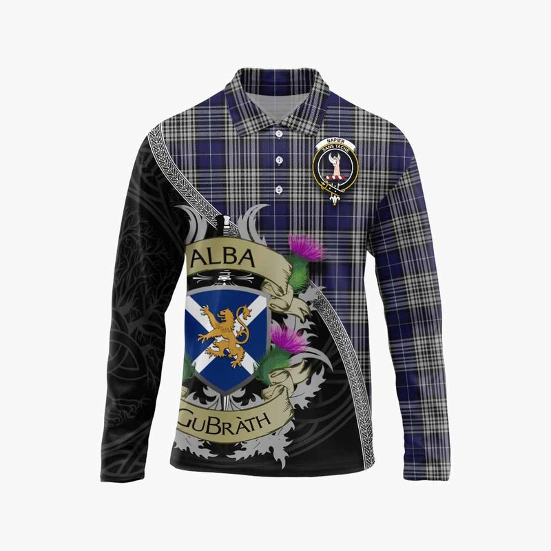 Napier Tartan Family Crest Long Sleeve Polo Shirt Lion Rampant Royal Thistle Shield Celtic Inspired