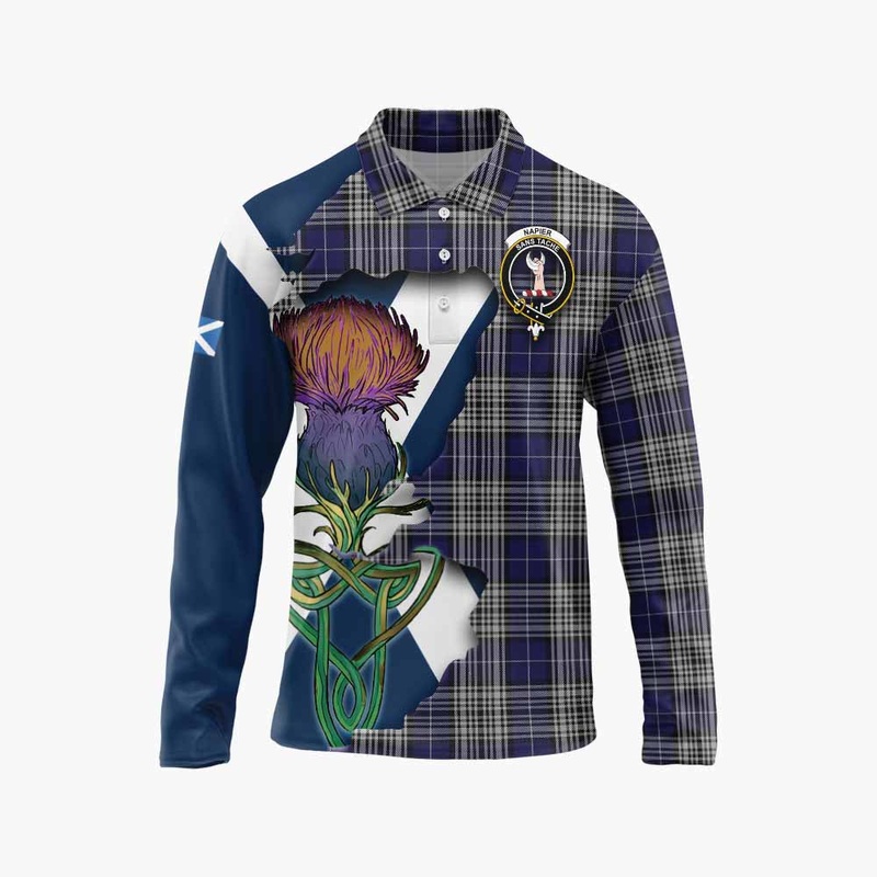 Napier Tartan Family Crest Long Sleeve Polo Shirt Scottish Thistle Celtic Inspired