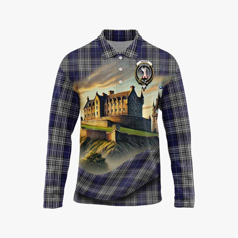 Napier Tartan Family Crest Long Sleeve Polo Shirt with Scottish Ancient Castle Style