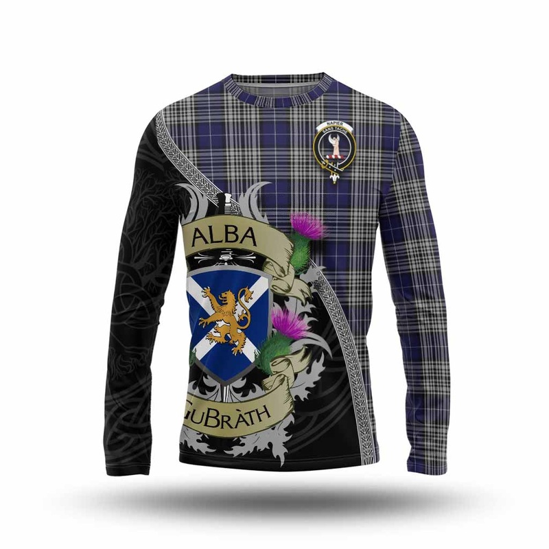 Napier Tartan Family Crest Long Sleeve T-Shirt Lion Rampant Royal Thistle Shield Celtic Inspired