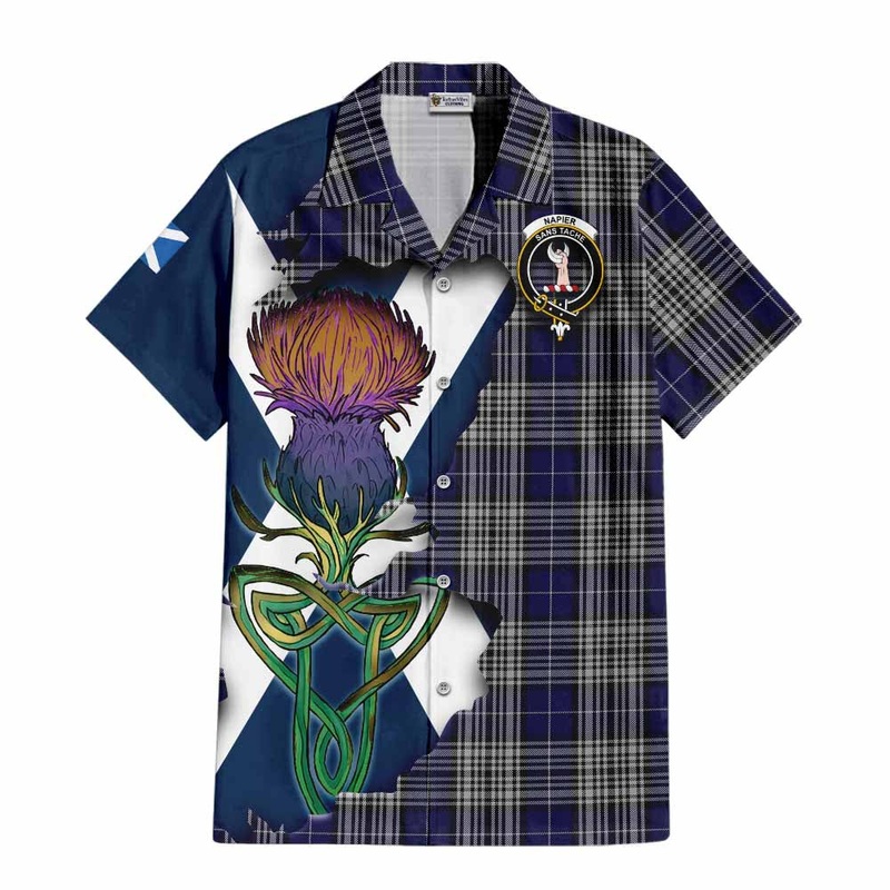 Napier Tartan Family Crest Short Sleeve Button Shirt Scottish Thistle Celtic Inspired