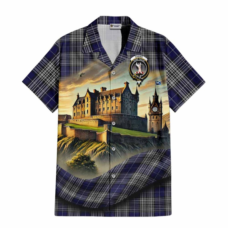 Napier Tartan Family Crest Short Sleeve Button Shirt with Scottish Ancient Castle Style