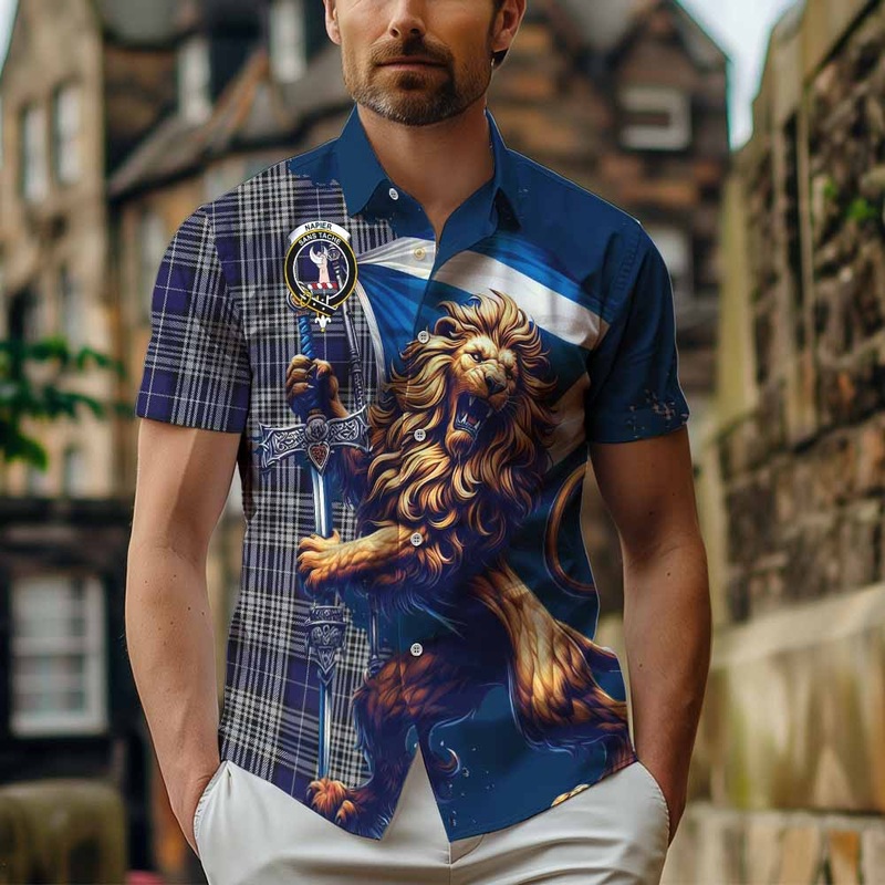 Napier Tartan Family Crest Short Sleeve Button Shirt with Scottish Majestic Lion