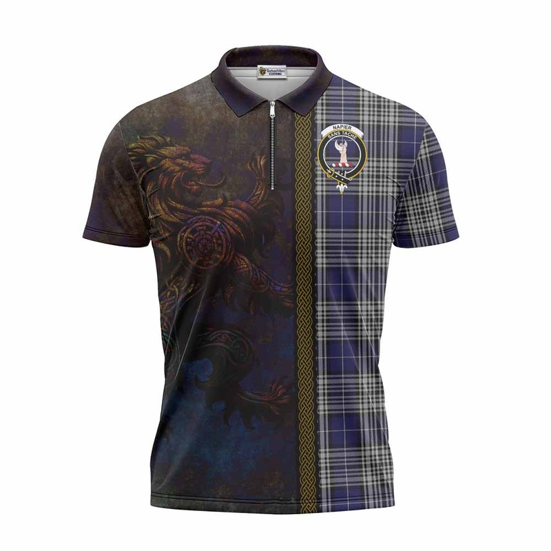 Napier Tartan Family Crest Zipper Polo Shirt Alba Gu Brath Be Brave Lion Ancient Style