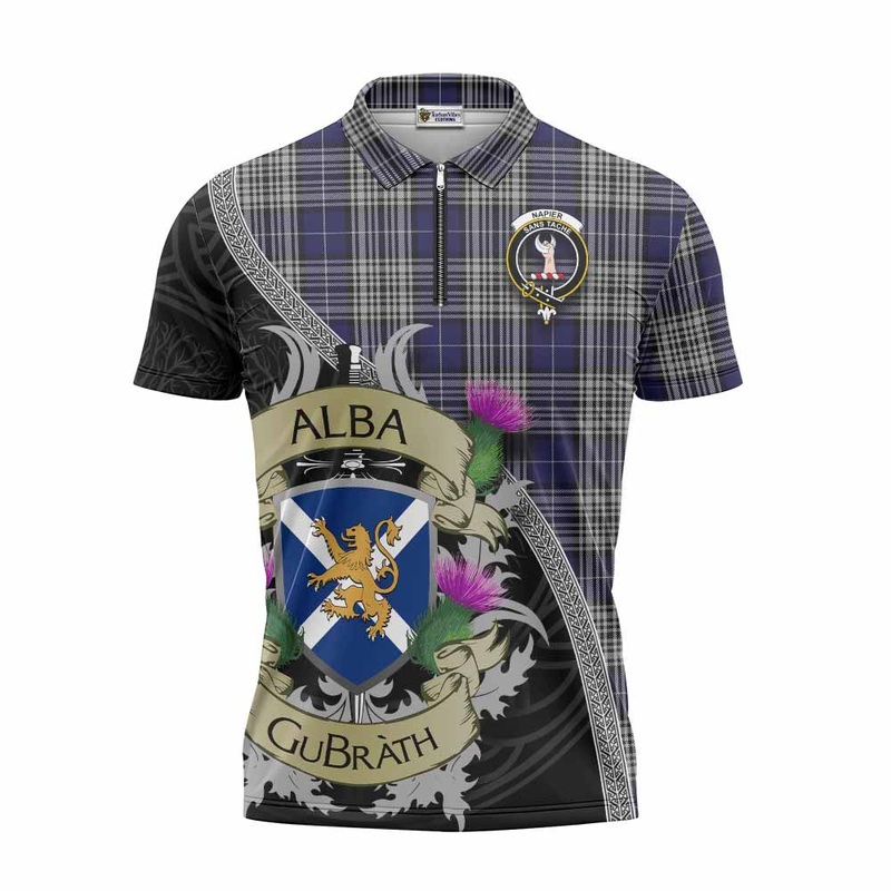 Napier Tartan Family Crest Zipper Polo Shirt Lion Rampant Royal Thistle Shield Celtic Inspired