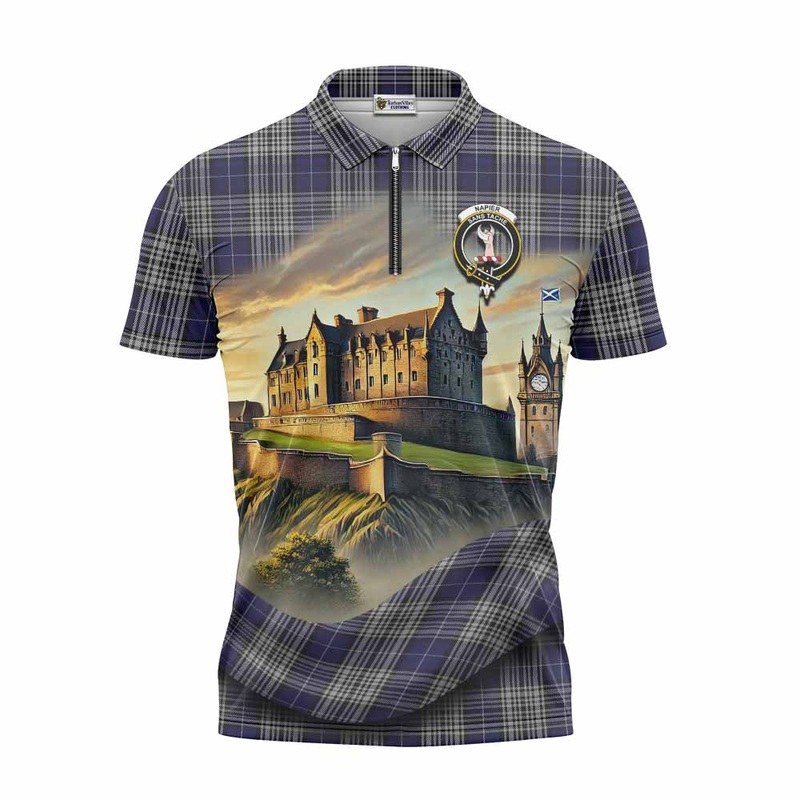 Napier Tartan Family Crest Zipper Polo Shirt with Scottish Ancient Castle Style
