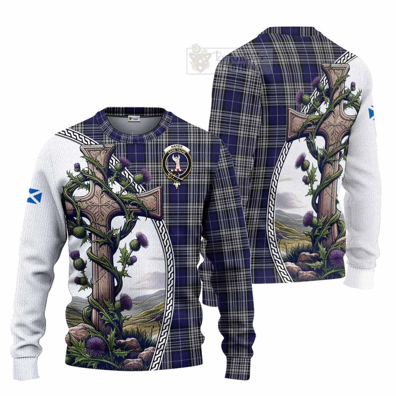 Napier Tartan Knitted Sweater with Family Crest and St. Andrew's Cross Accented by Thistle Vines