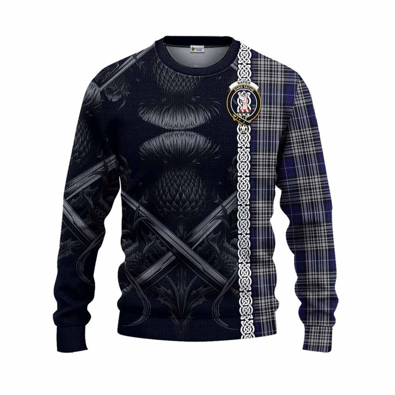 Napier Tartan Knitted Sweater with Family Crest Cross Sword Thistle Celtic Vibes
