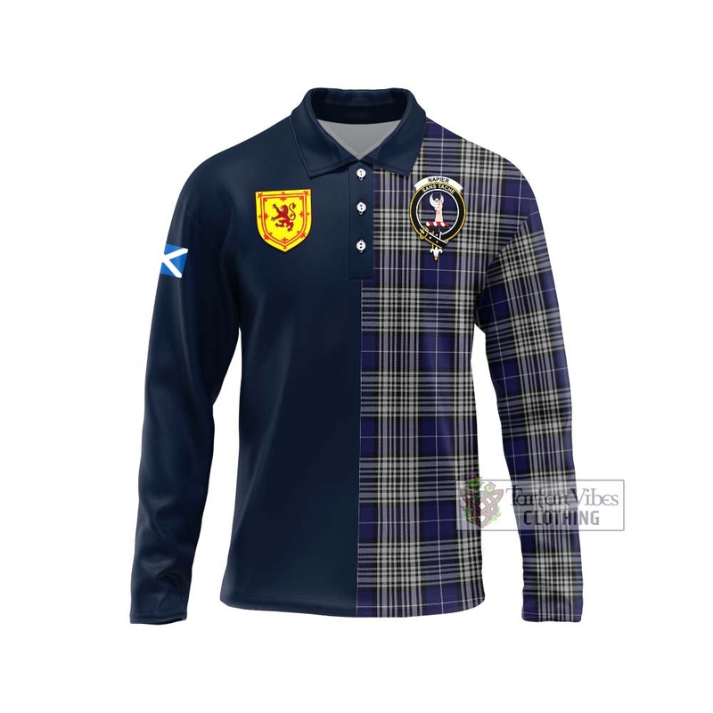 Napier Tartan Long Sleeve Polo Shirt Alba with Scottish Lion Royal Arm Half Style