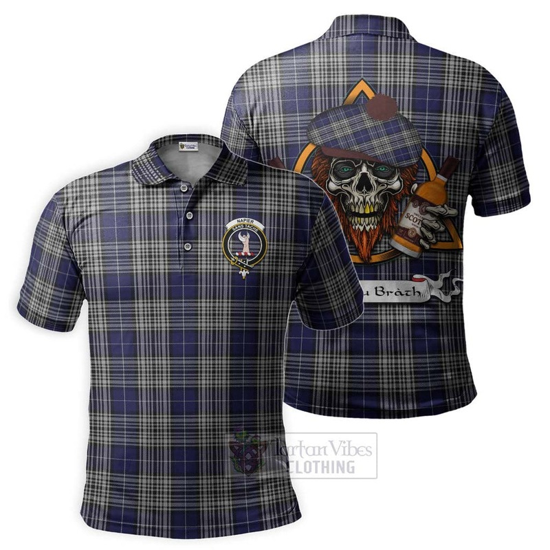 Napier Tartan Polo Shirt with Family Crest and Bearded Skull Holding Bottles of Whiskey