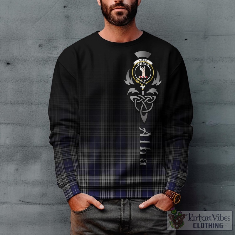 Napier Tartan Sweatshirt Featuring Alba Gu Brath Family Crest Celtic Inspired