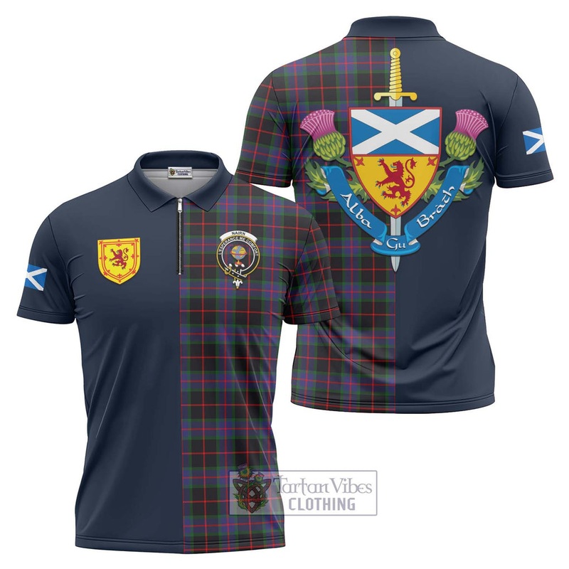 Nairn Tartan Zipper Polo Shirt Alba with Scottish Lion Royal Arm Half Style