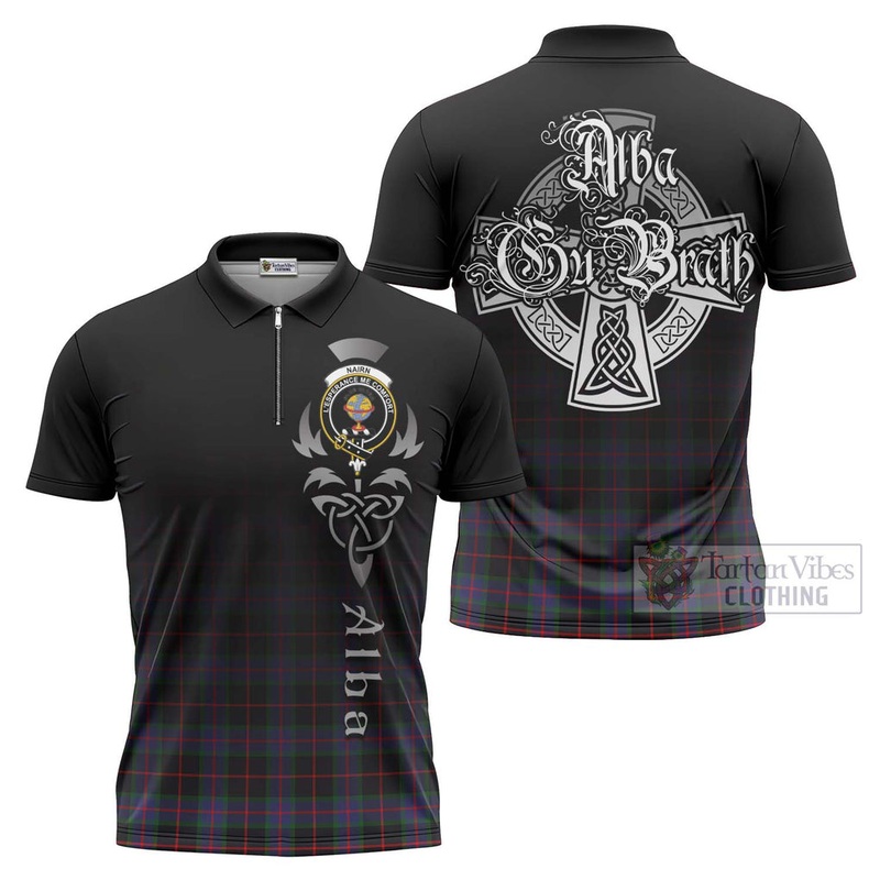 Nairn Tartan Zipper Polo Shirt Featuring Alba Gu Brath Family Crest Celtic Inspired
