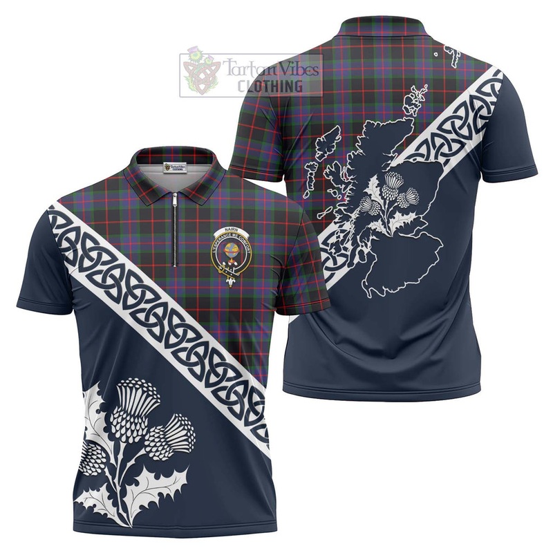 Nairn Tartan Zipper Polo Shirt Featuring Thistle and Scotland Map