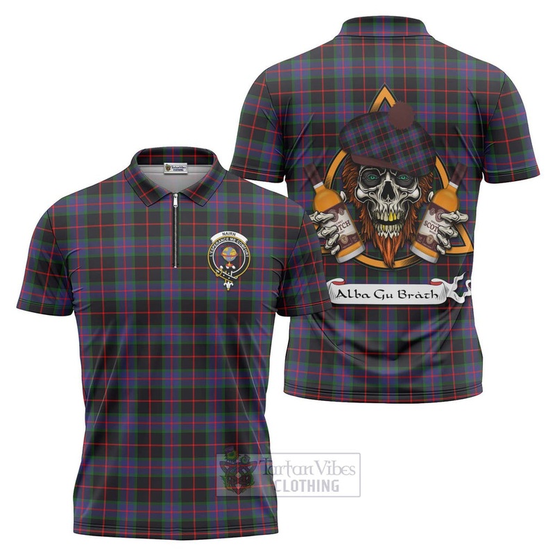 Nairn Tartan Zipper Polo Shirt with Family Crest and Bearded Skull Holding Bottles of Whiskey