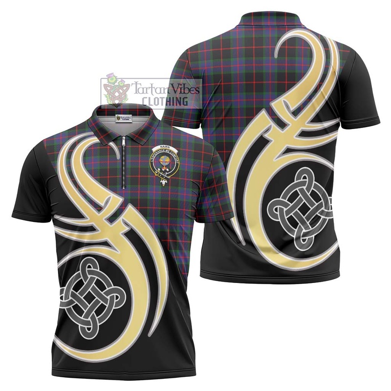 Nairn Tartan Zipper Polo Shirt with Family Crest and Celtic Symbol Style