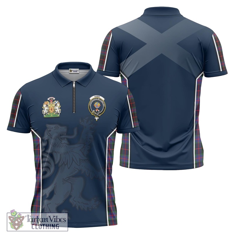 Nairn Tartan Zipper Polo Shirt with Family Crest and Lion Rampant Vibes Sport Style