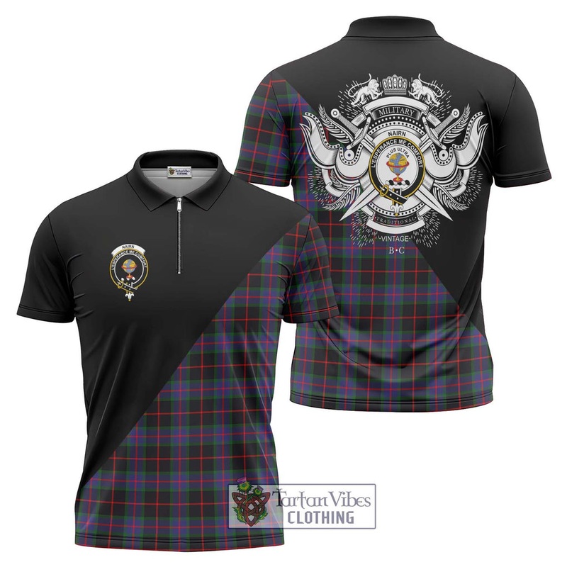 Nairn Tartan Zipper Polo Shirt with Family Crest and Military Logo Style