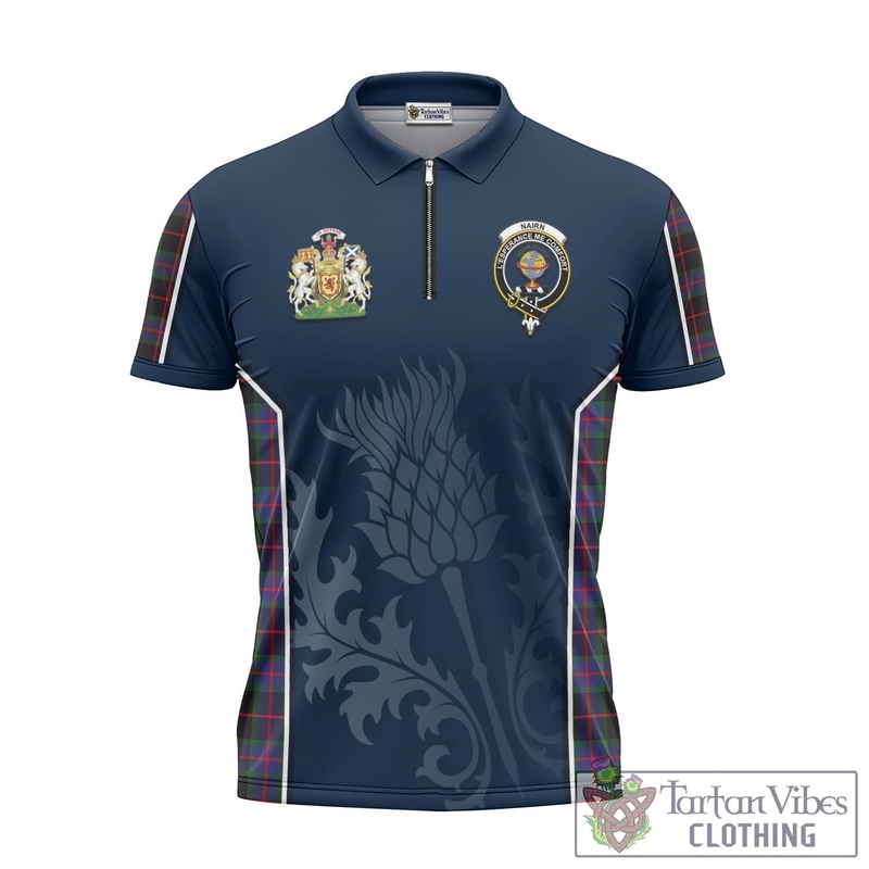 Nairn Tartan Zipper Polo Shirt with Family Crest and Scottish Thistle Vibes Sport Style
