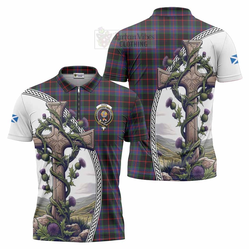 Nairn Tartan Zipper Polo Shirt with Family Crest and St. Andrew's Cross Accented by Thistle Vines