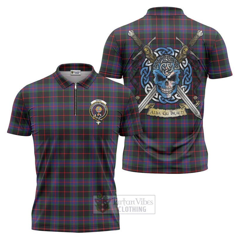Nairn Tartan Zipper Polo Shirt with Family Crest Celtic Skull Style
