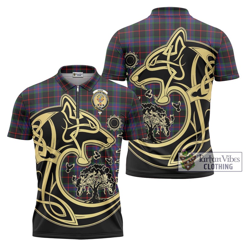 Nairn Tartan Zipper Polo Shirt with Family Crest Celtic Wolf Style