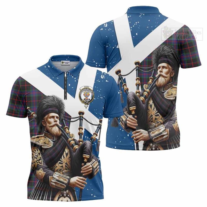 Nairn Tartan Zipper Polo Shirt with Family Crest Scottish Bagpiper Vibes