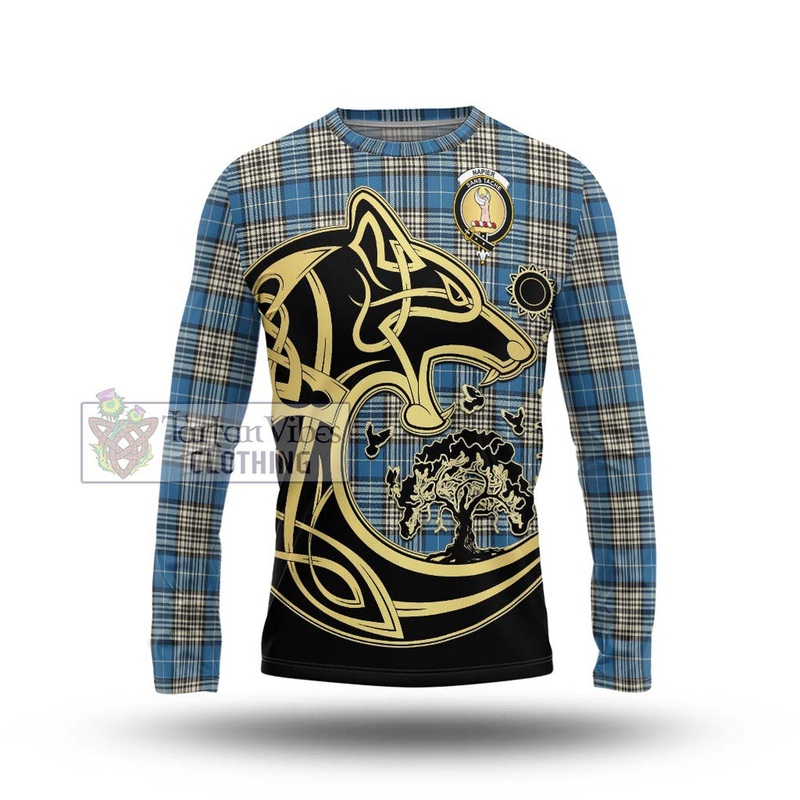 Napier Ancient Tartan Long Sleeve T-Shirt with Family Crest Celtic Wolf Style
