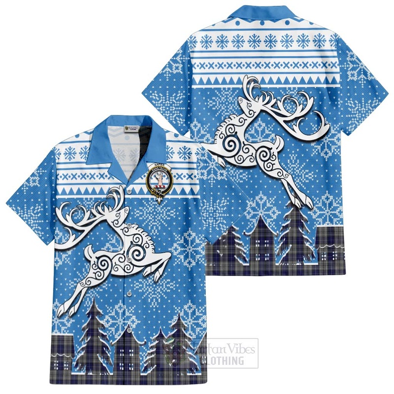 Napier Clan Christmas Short Sleeve Button Shirt Celtic Reindeer Style