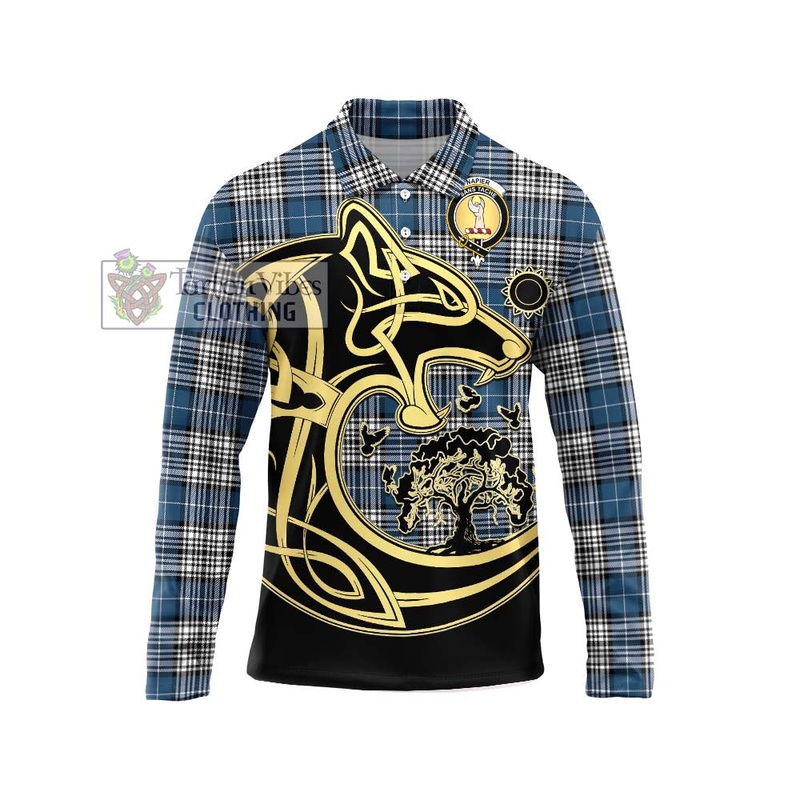 Napier Modern Tartan Long Sleeve Polo Shirt with Family Crest Celtic Wolf Style