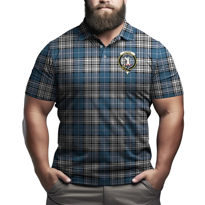 Napier Modern Tartan Men's Polo Shirt with Family Crest