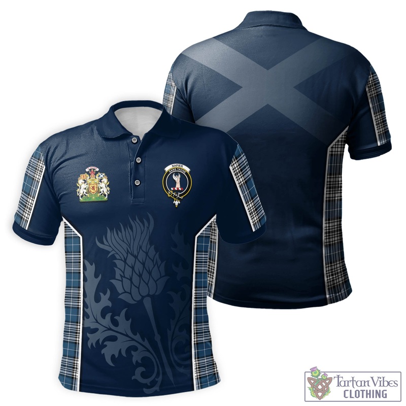 Napier Modern Tartan Men's Polo Shirt with Family Crest and Scottish Thistle Vibes Sport Style