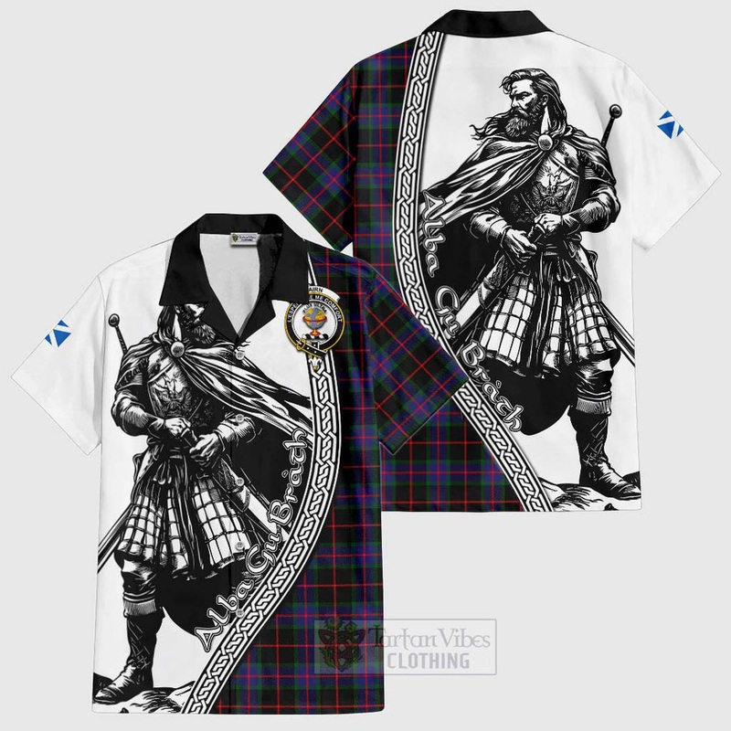 Nairn Tartan Clan Crest Short Sleeve Button Shirt with Highlander Warrior Celtic Style