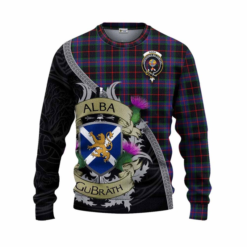 Nairn Tartan Family Crest Knitted Sweater Lion Rampant Royal Thistle Shield Celtic Inspired