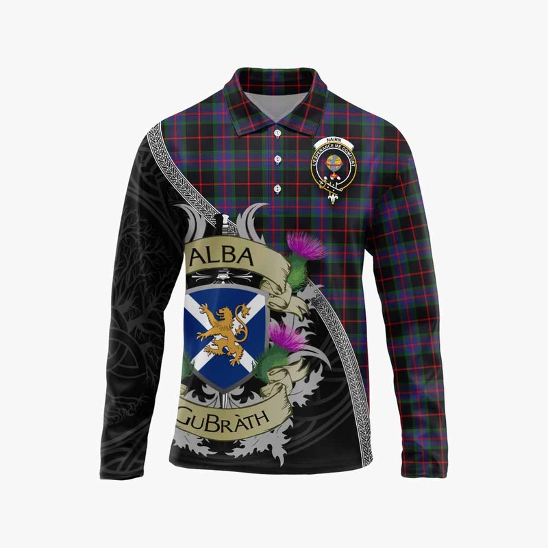 Nairn Tartan Family Crest Long Sleeve Polo Shirt Lion Rampant Royal Thistle Shield Celtic Inspired