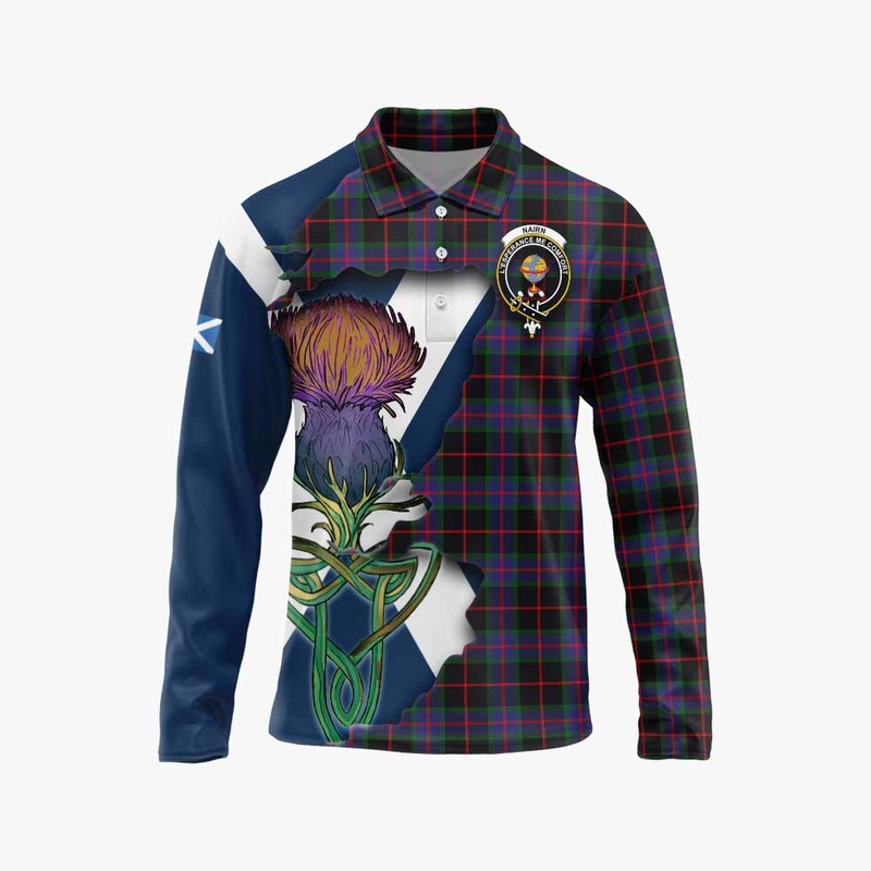Nairn Tartan Family Crest Long Sleeve Polo Shirt Scottish Thistle Celtic Inspired