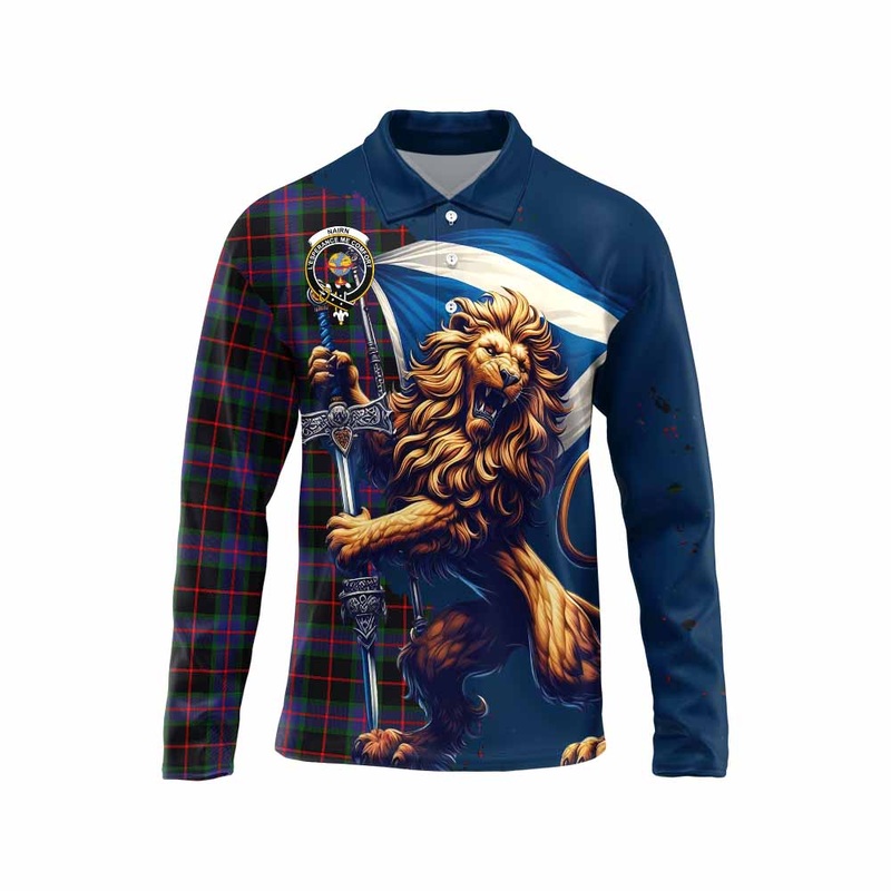 Nairn Tartan Family Crest Long Sleeve Polo Shirt with Scottish Majestic Lion