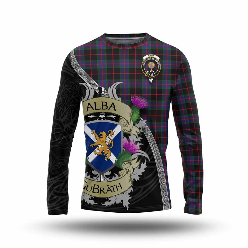 Nairn Tartan Family Crest Long Sleeve T-Shirt Lion Rampant Royal Thistle Shield Celtic Inspired