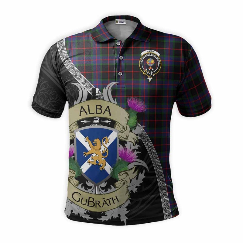Nairn Tartan Family Crest Polo Shirt Lion Rampant Royal Thistle Shield Celtic Inspired