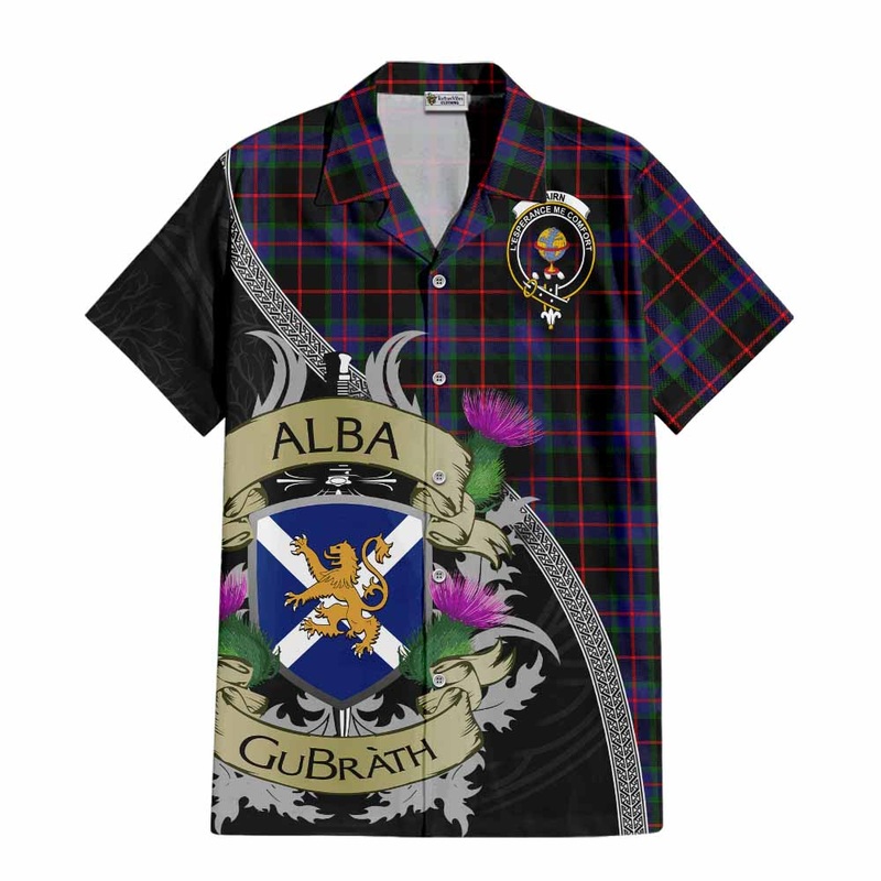 Nairn Tartan Family Crest Short Sleeve Button Shirt Lion Rampant Royal Thistle Shield Celtic Inspired