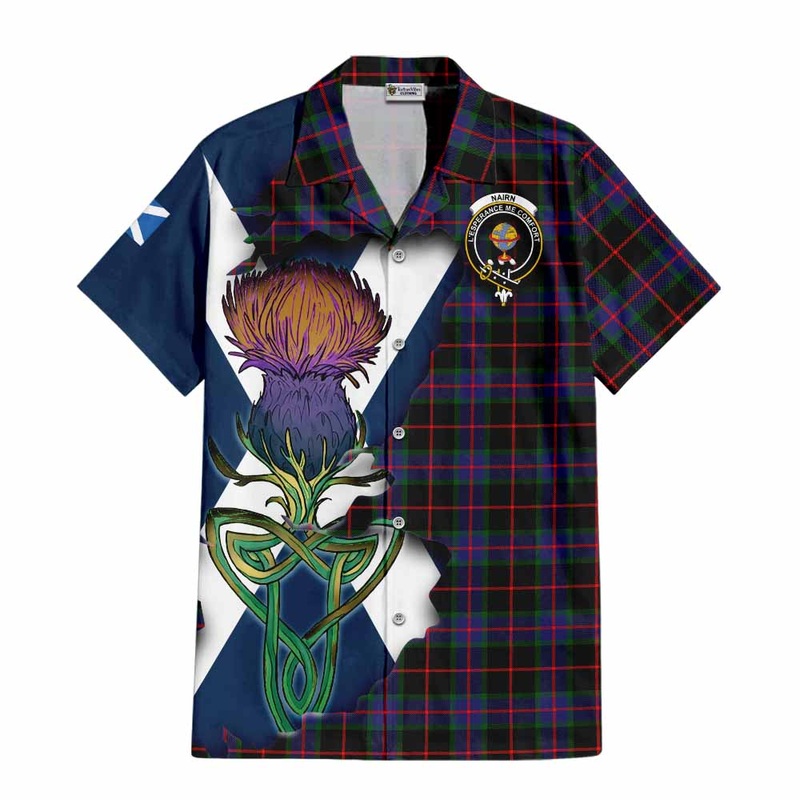 Nairn Tartan Family Crest Short Sleeve Button Shirt Scottish Thistle Celtic Inspired