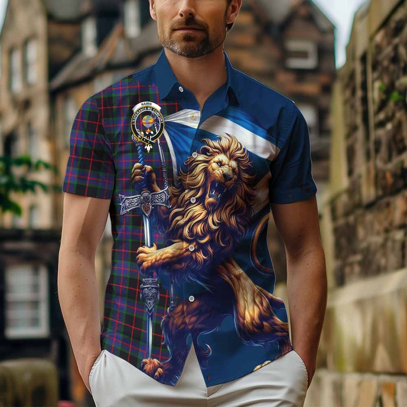 Nairn Tartan Family Crest Short Sleeve Button Shirt with Scottish Majestic Lion