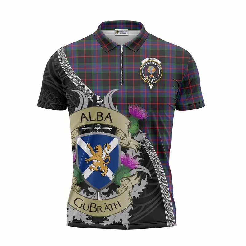Nairn Tartan Family Crest Zipper Polo Shirt Lion Rampant Royal Thistle Shield Celtic Inspired