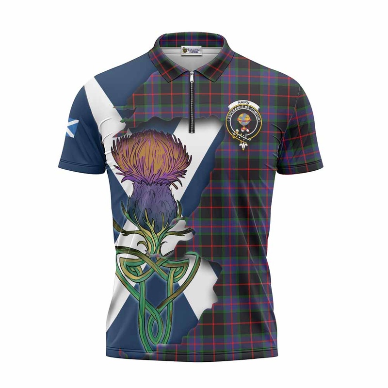 Nairn Tartan Family Crest Zipper Polo Shirt Scottish Thistle Celtic Inspired