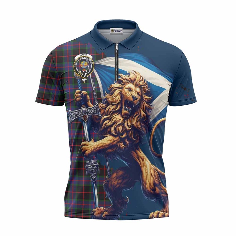 Nairn Tartan Family Crest Zipper Polo Shirt with Scottish Majestic Lion