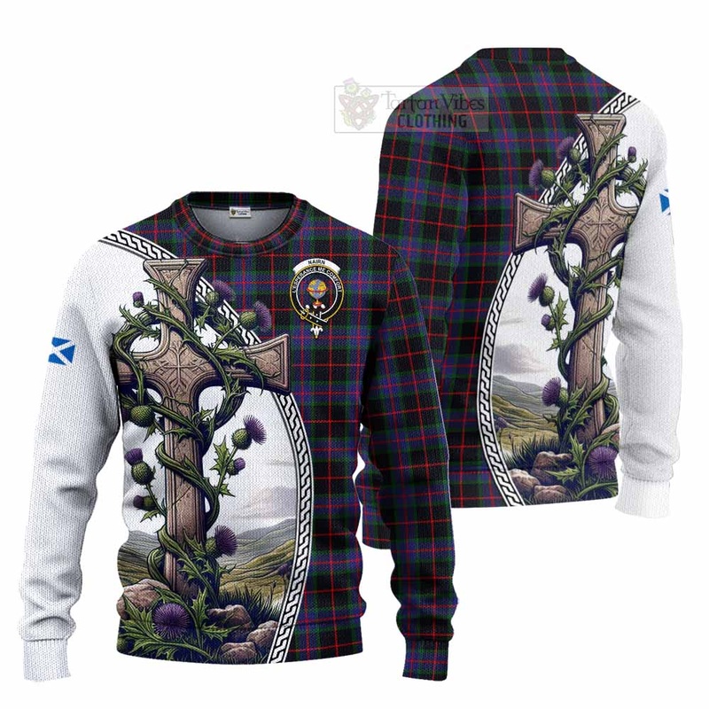 Nairn Tartan Knitted Sweater with Family Crest and St. Andrew's Cross Accented by Thistle Vines