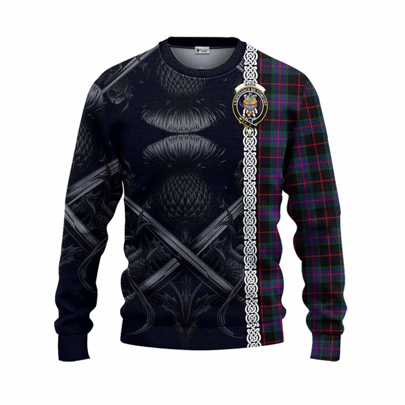 Nairn Tartan Knitted Sweater with Family Crest Cross Sword Thistle Celtic Vibes