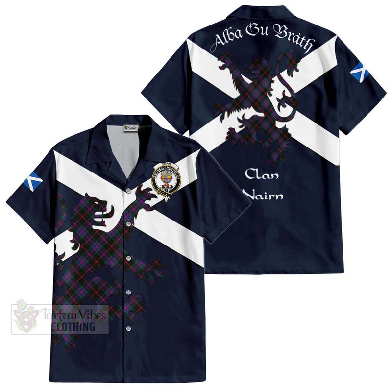 Nairn Tartan Lion Rampant Short Sleeve Button Shirt  Proudly Display Your Heritage with Alba Gu Brath and Clan Name