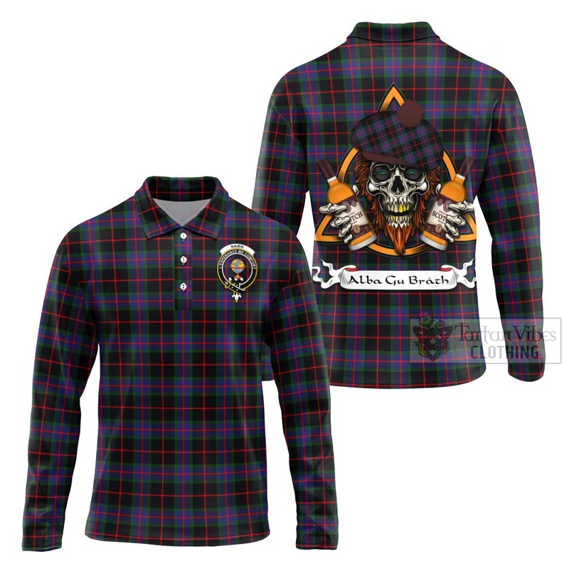 Nairn Tartan Long Sleeve Polo Shirt with Family Crest and Bearded Skull Holding Bottles of Whiskey